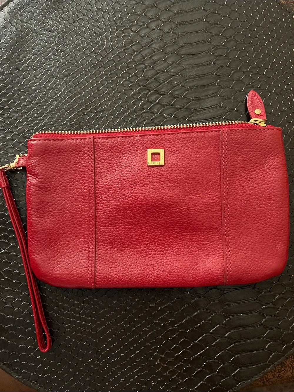 Lodis Red Leather Wristlet Clutch with Gold Hardware